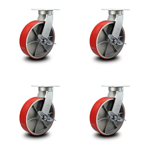 Service Caster 10 Inch Heavy Duty Red Poly on Cast Iron Swivel Caster Set with Brakes, 4PK SCC-KP92S1030-PUR-RS-SLB-4 - main